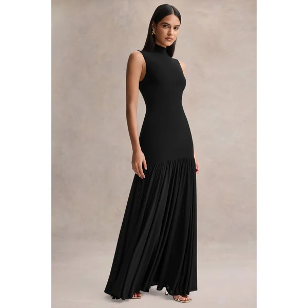Gigi | Robe longue noire à col montant avec taille basse et jupe transparente