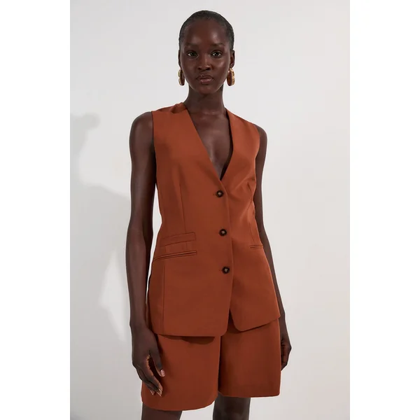 Gilet Ajusté en Sergé Essentiel à Simple Boutonnage