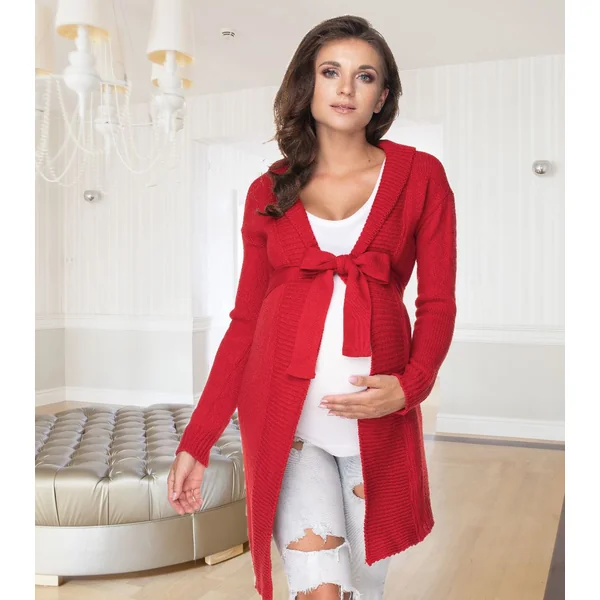 Gilet long grosses mailles avec ceinture - Rouge/Gris clair