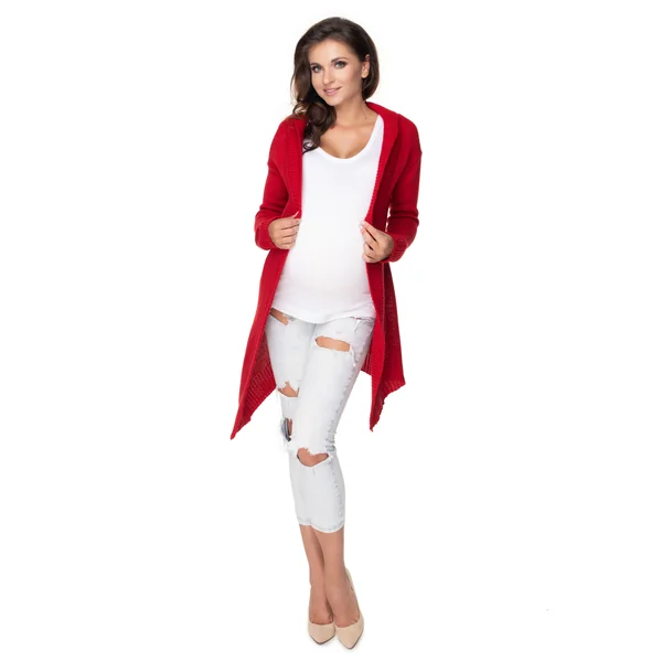 Gilet long grosses mailles avec ceinture - Rouge/Gris clair