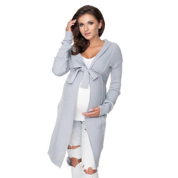 Gilet long grosses mailles avec ceinture - Rouge/Gris clair