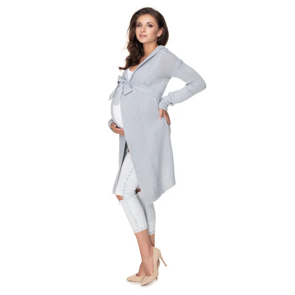 Gilet long grosses mailles avec ceinture - Rouge/Gris clair