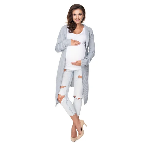 Gilet long grosses mailles avec ceinture - Rouge/Gris clair