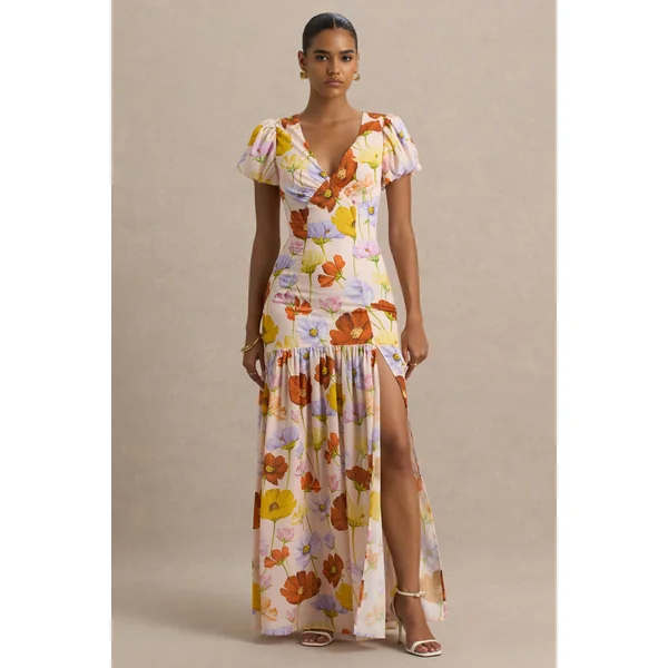 Ginny | Robe longue fendue à manches bouffantes imprimé floral éclatant