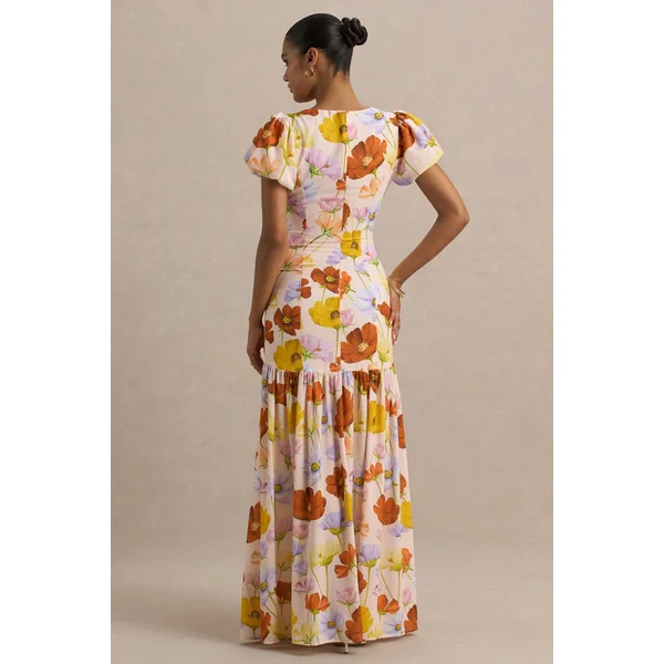 Ginny | Robe longue fendue à manches bouffantes imprimé floral éclatant