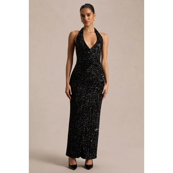 Gio | Robe longue portefeuille en sequins noire à décolleté plongeant et détails froncés