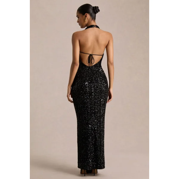Gio | Robe longue portefeuille en sequins noire à décolleté plongeant et détails froncés