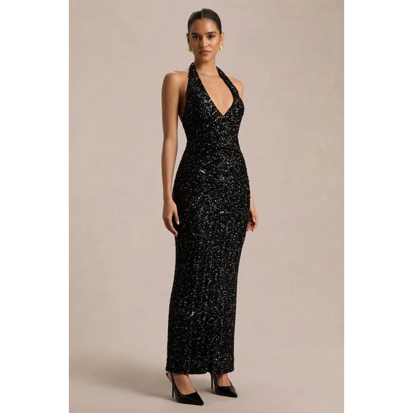 Gio | Robe longue portefeuille en sequins noire à décolleté plongeant et détails froncés