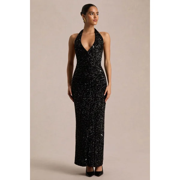 Gio | Robe longue portefeuille en sequins noire à décolleté plongeant et détails froncés