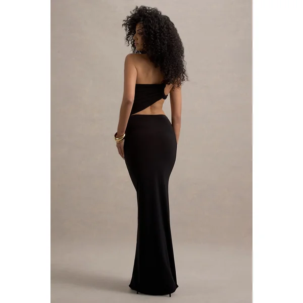 Giovanna | Robe longue asymétrique noire à jupe portefeuille