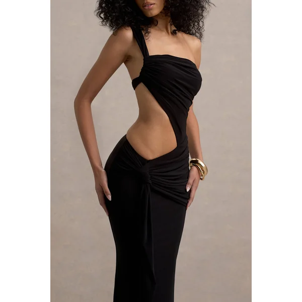 Giovanna | Robe longue asymétrique noire à jupe portefeuille