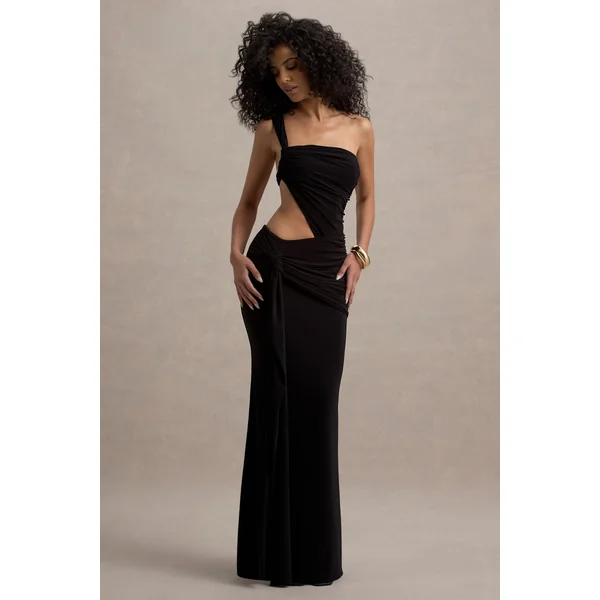 Giovanna | Robe longue asymétrique noire à jupe portefeuille