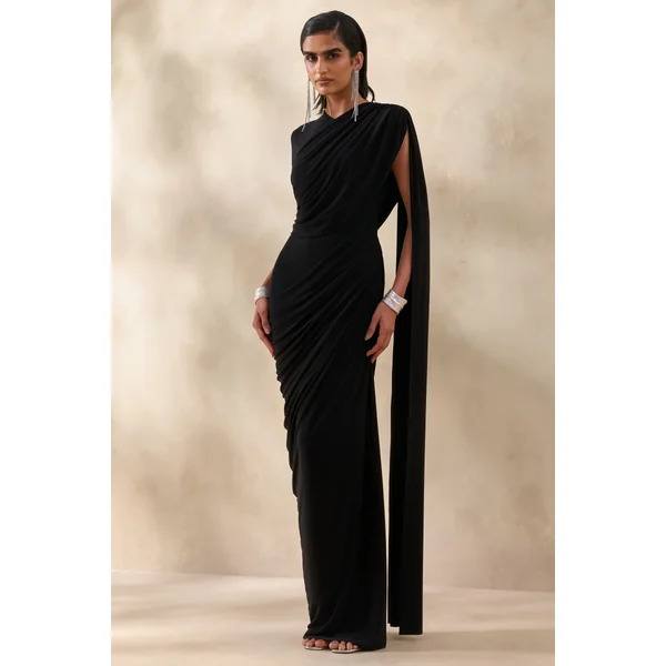 Gisara | Robe longue noire à encolure haute avec écharpe et drapés froncés