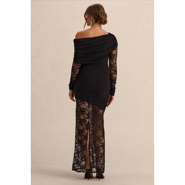 Giuliana | Robe longue de grossesse noire à encolure asymétrique avec détails en dentelle
