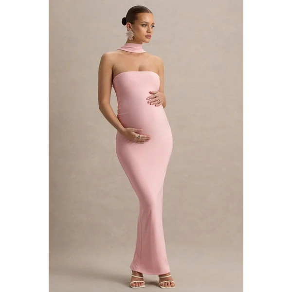 Glaze | Robe longue de maternité rose à col haut