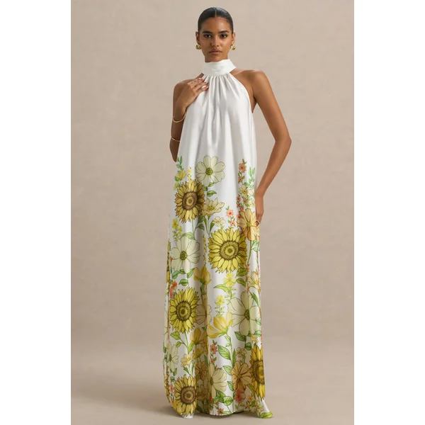 Glide | Robe longue en satin à col montant et imprimé tournesol