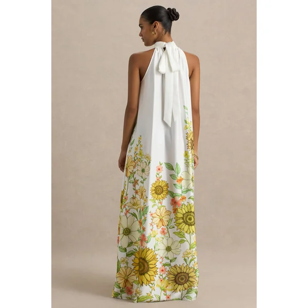 Glide | Robe longue en satin à col montant et imprimé tournesol