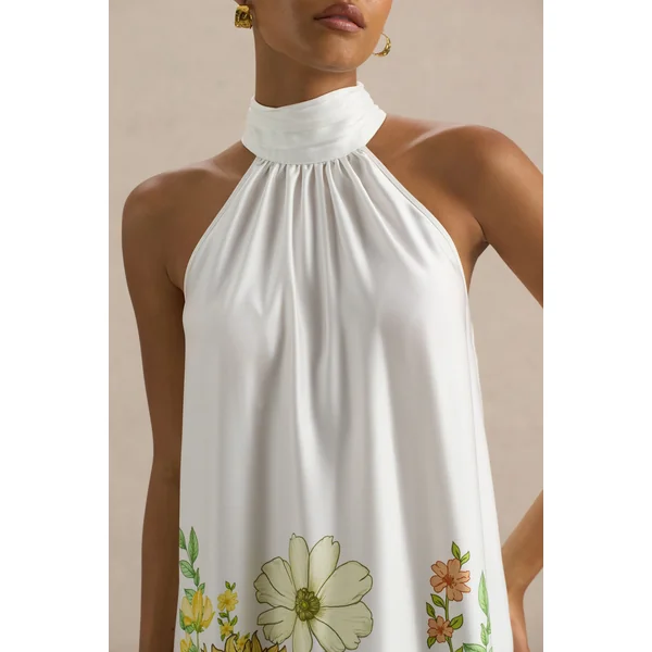 Glide | Robe longue en satin à col montant et imprimé tournesol