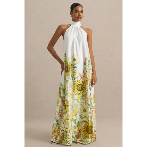 Glide | Robe longue en satin à col montant et imprimé tournesol
