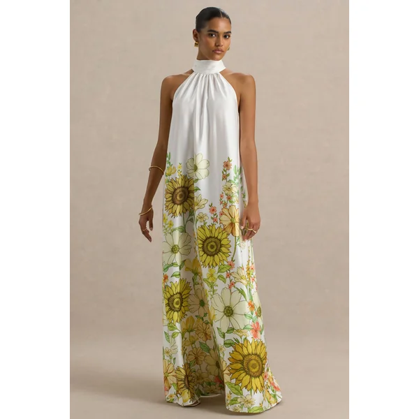 Glide | Robe longue en satin à col montant et imprimé tournesol