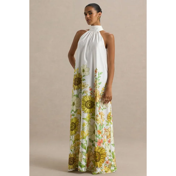 Glide | Robe longue en satin à col montant et imprimé tournesol