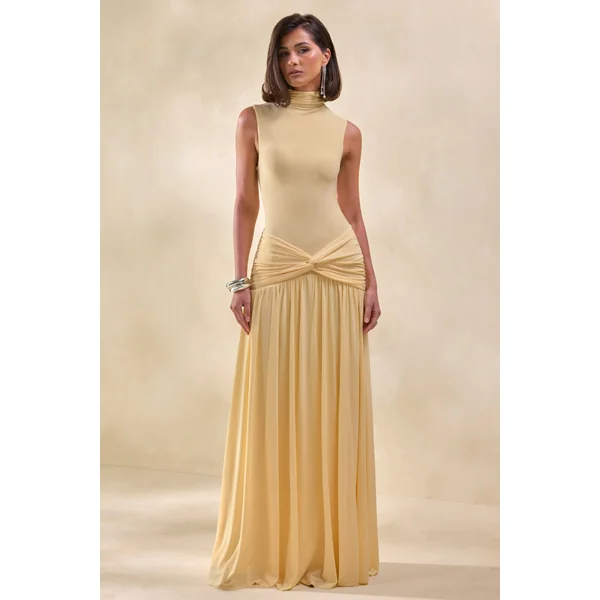 Glimora | Robe longue citron à encolure haute avec détails froncés