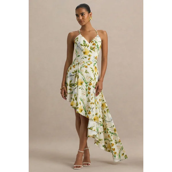 Glint | Robe longue en satin à imprimé floral citron avec décolleté plongeant et ourlet asymétrique