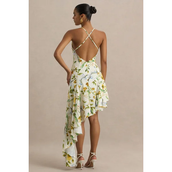 Glint | Robe longue en satin à imprimé floral citron avec décolleté plongeant et ourlet asymétrique