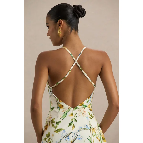 Glint | Robe longue en satin à imprimé floral citron avec décolleté plongeant et ourlet asymétrique