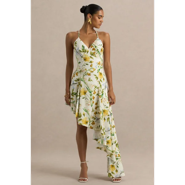 Glint | Robe longue en satin à imprimé floral citron avec décolleté plongeant et ourlet asymétrique