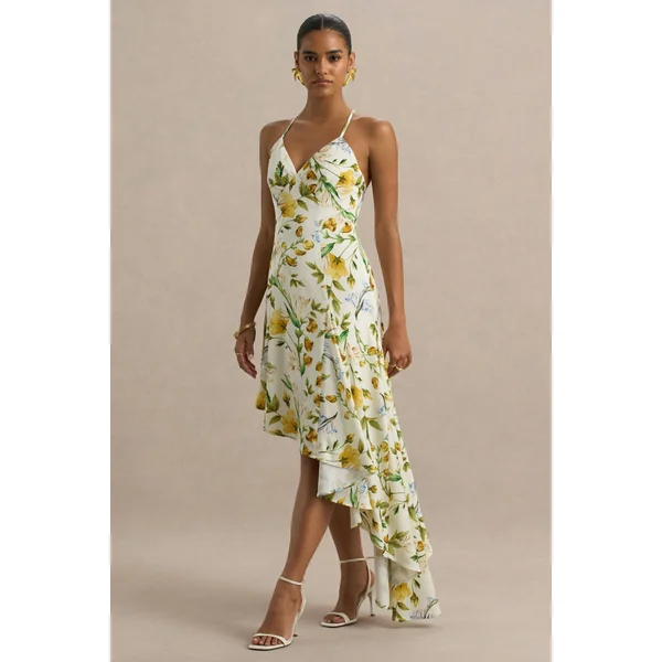 Glint | Robe longue en satin à imprimé floral citron avec décolleté plongeant et ourlet asymétrique