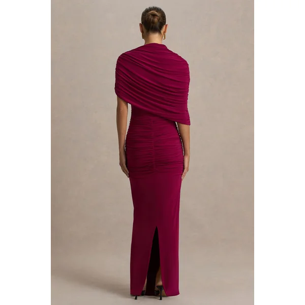 Glitz | Robe longue bordeaux à col montant avec manche cape et détail froncé