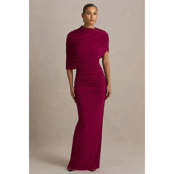 Glitz | Robe longue bordeaux à col montant avec manche cape et détail froncé