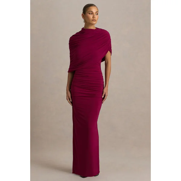 Glitz | Robe longue bordeaux à col montant avec manche cape et détail froncé