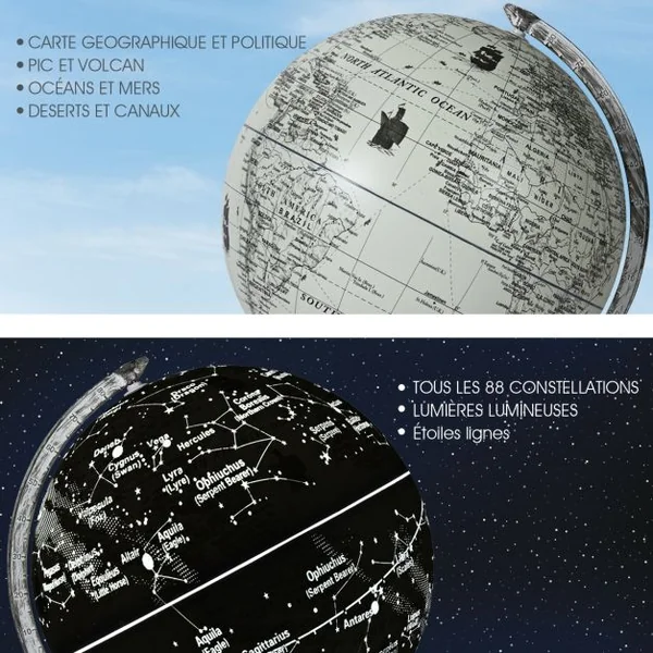 Globe Terrestre Éducative Lumineux Globe de Constellation 3 en 1 Diamètre 23cm Décoration de Bureau Élégante