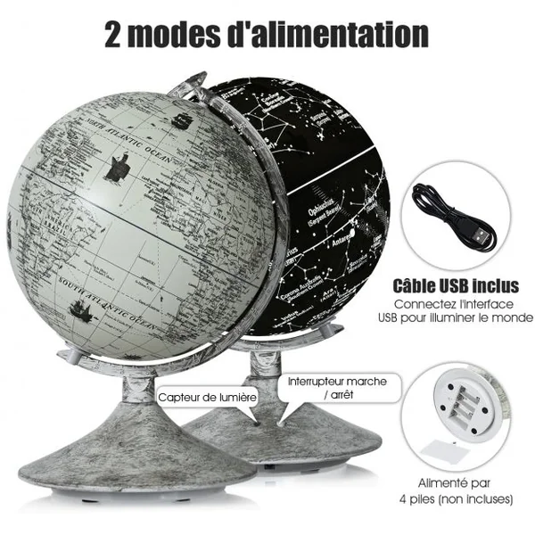 Globe Terrestre Éducative Lumineux Globe de Constellation 3 en 1 Diamètre 23cm Décoration de Bureau Élégante