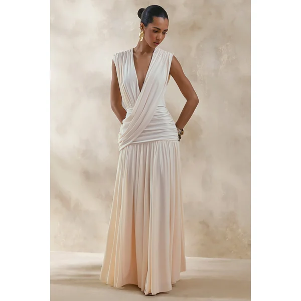Glorina | Robe Longue Crème Décolleté-Plongeant Avec Détail-Drapé