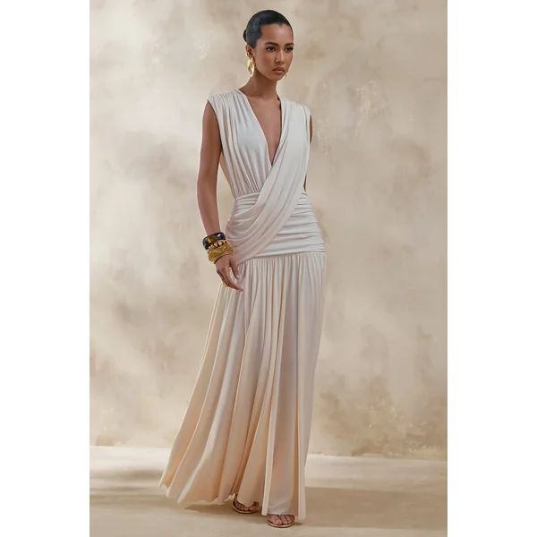 Glorina | Robe Longue Crème Décolleté-Plongeant Avec Détail-Drapé