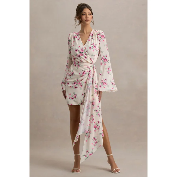 Goldie | Mini-robe portefeuille à manches longues en chiffon imprimé floral crème