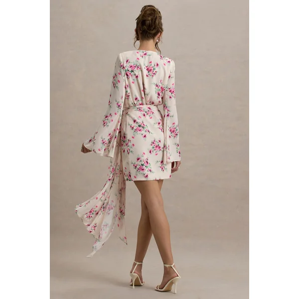Goldie | Mini-robe portefeuille à manches longues en chiffon imprimé floral crème