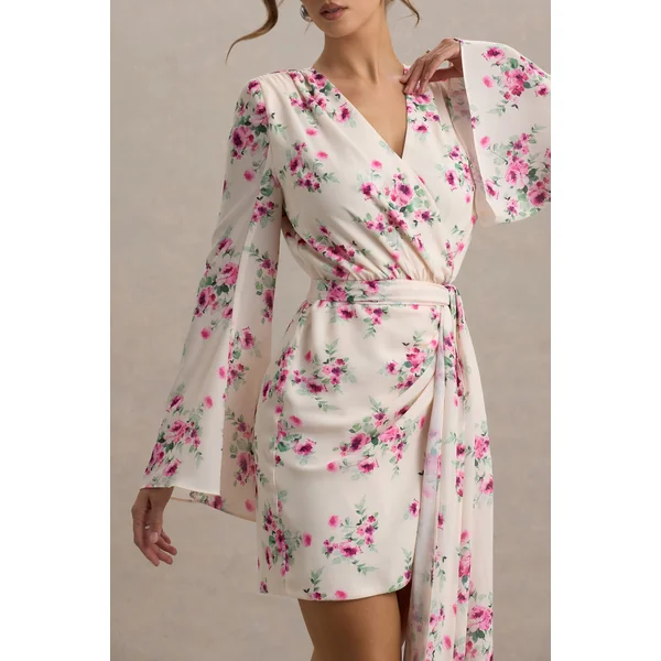 Goldie | Mini-robe portefeuille à manches longues en chiffon imprimé floral crème