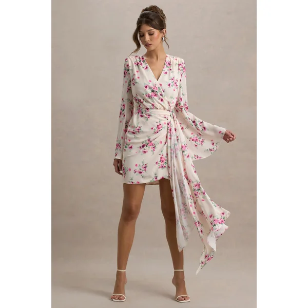 Goldie | Mini-robe portefeuille à manches longues en chiffon imprimé floral crème