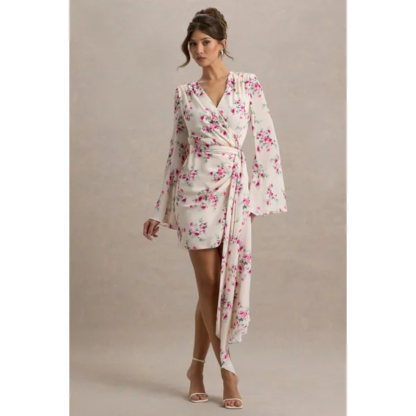 Goldie | Mini-robe portefeuille à manches longues en chiffon imprimé floral crème
