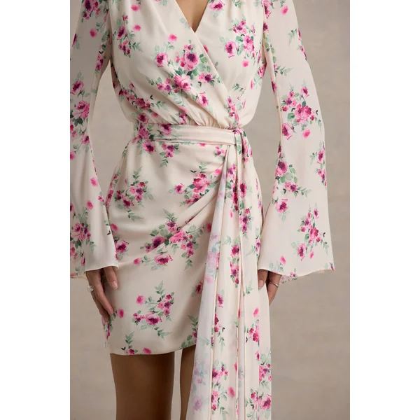 Goldie | Mini-robe portefeuille à manches longues en chiffon imprimé floral crème