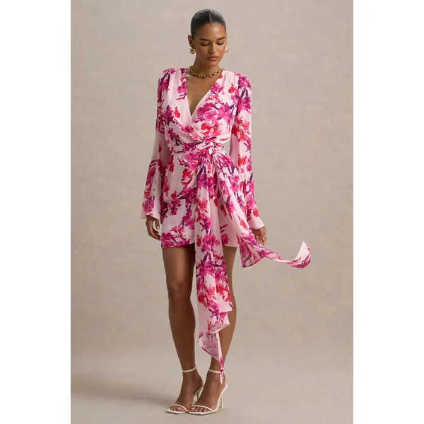 Goldie | Mini-robe portefeuille à manches longues en chiffon imprimé floral rose