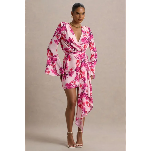 Goldie | Mini-robe portefeuille à manches longues en chiffon imprimé floral rose