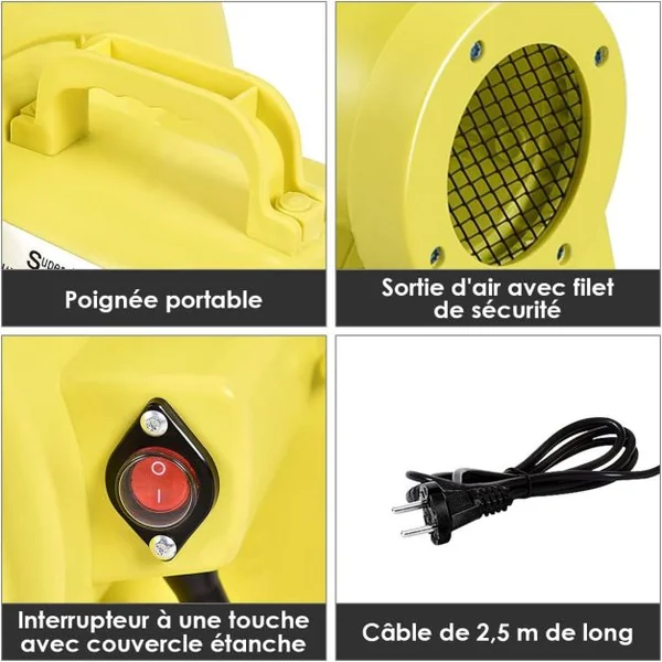 Gonfleur Électrique 850W pour Château Gonflable&Toboggan Souffleur Électrique Résistant à Haute Température 8 Piquets de Sol Jaune