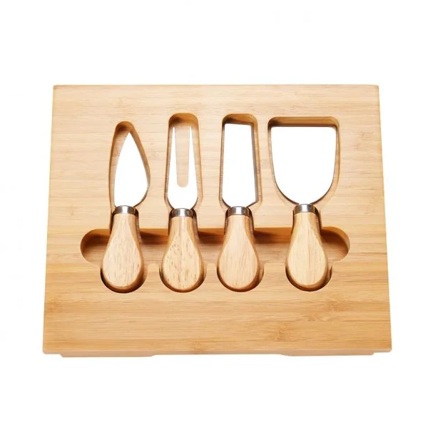 GOPLUS Plateau à Fromage en Bambou avec 1 fourchette et 3 Couteaux à Fromage, en Acier Inoxydable, 39x25x3.5 cm, Naturel