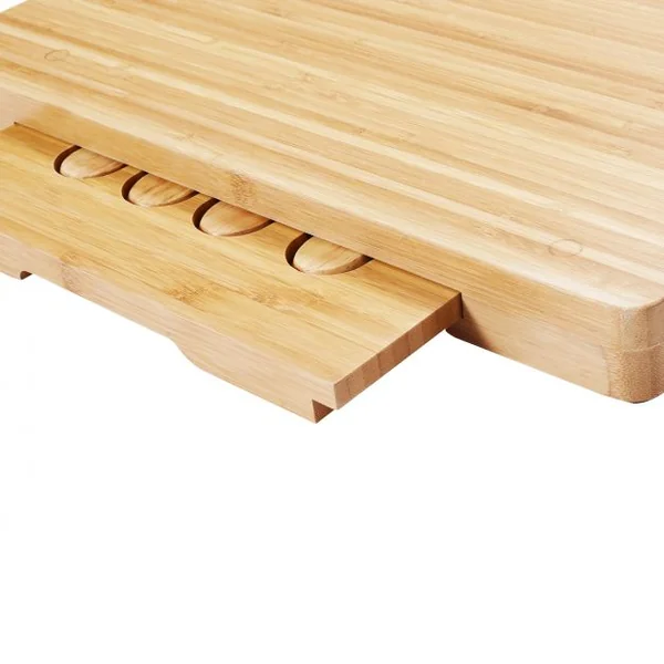 GOPLUS Plateau à Fromage en Bambou avec 1 fourchette et 3 Couteaux à Fromage, en Acier Inoxydable, 39x25x3.5 cm, Naturel