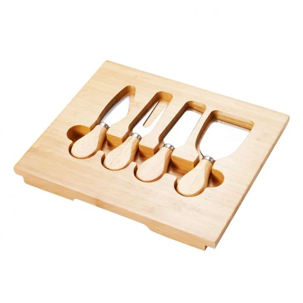 GOPLUS Plateau à Fromage en Bambou avec 1 fourchette et 3 Couteaux à Fromage, en Acier Inoxydable, 39x25x3.5 cm, Naturel